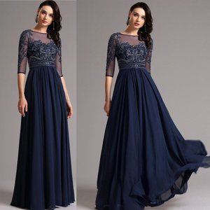 Aspeed Half Sleeves Crystals Chiffon Dark Navy Formal Evening Gown